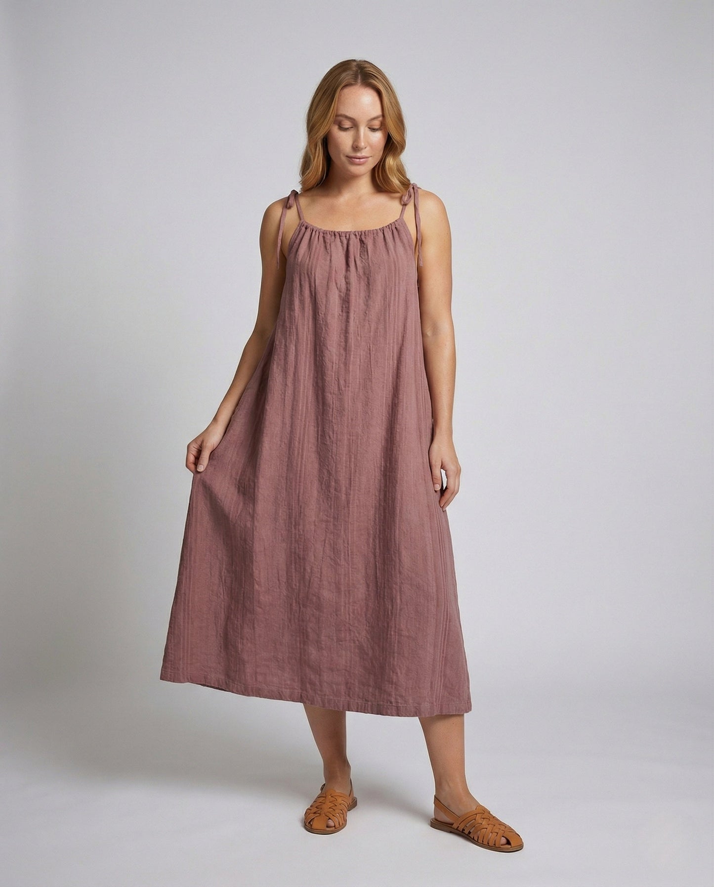 Damen Maxikleid Leinen Spaghettiträger Beige - Norvielle