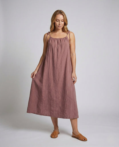Damen Maxikleid Leinen Spaghettiträger Beige - Norvielle