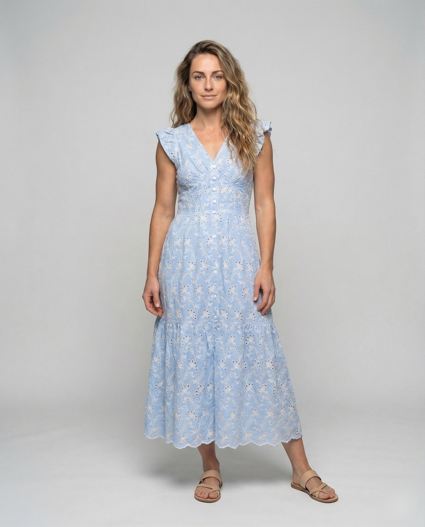 Damen Maxikleid Lochstickerei Volantrock - Norvielle