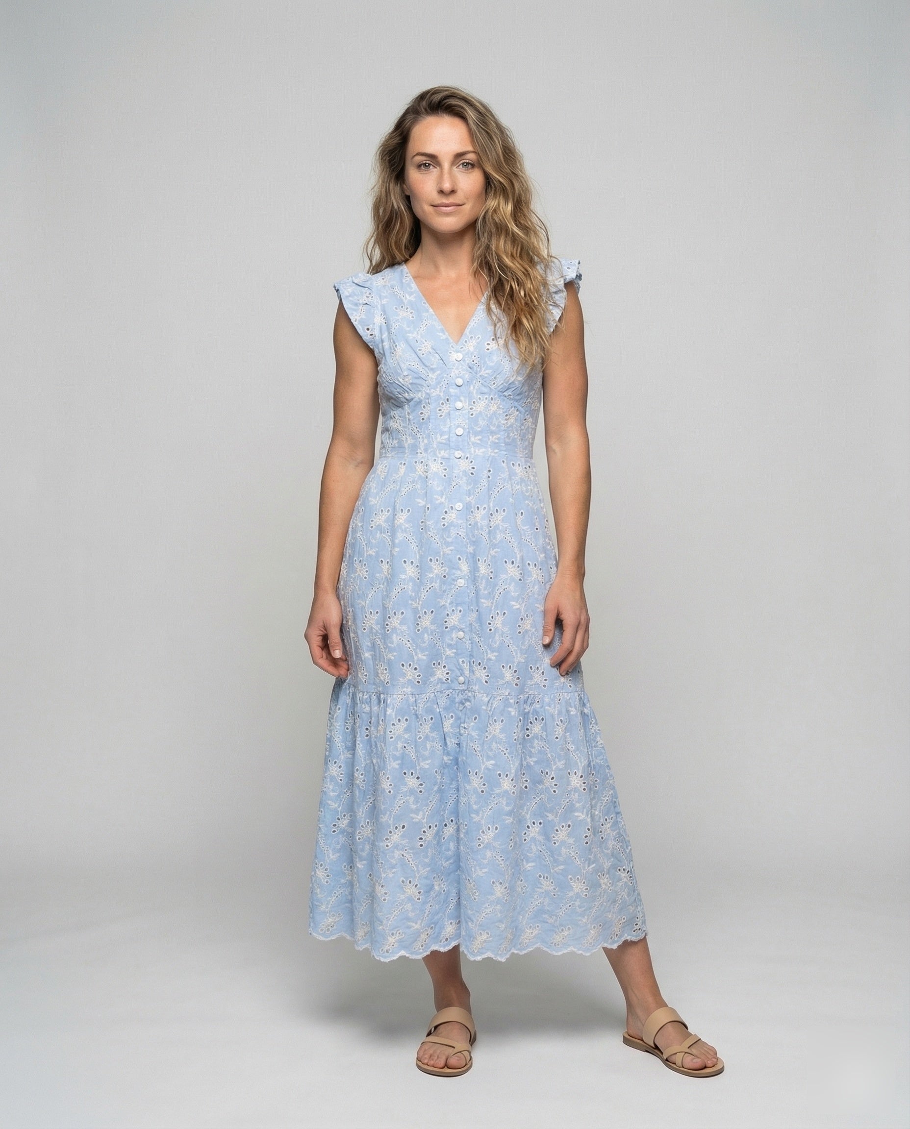 Damen Maxikleid Lochstickerei Volantrock - Norvielle