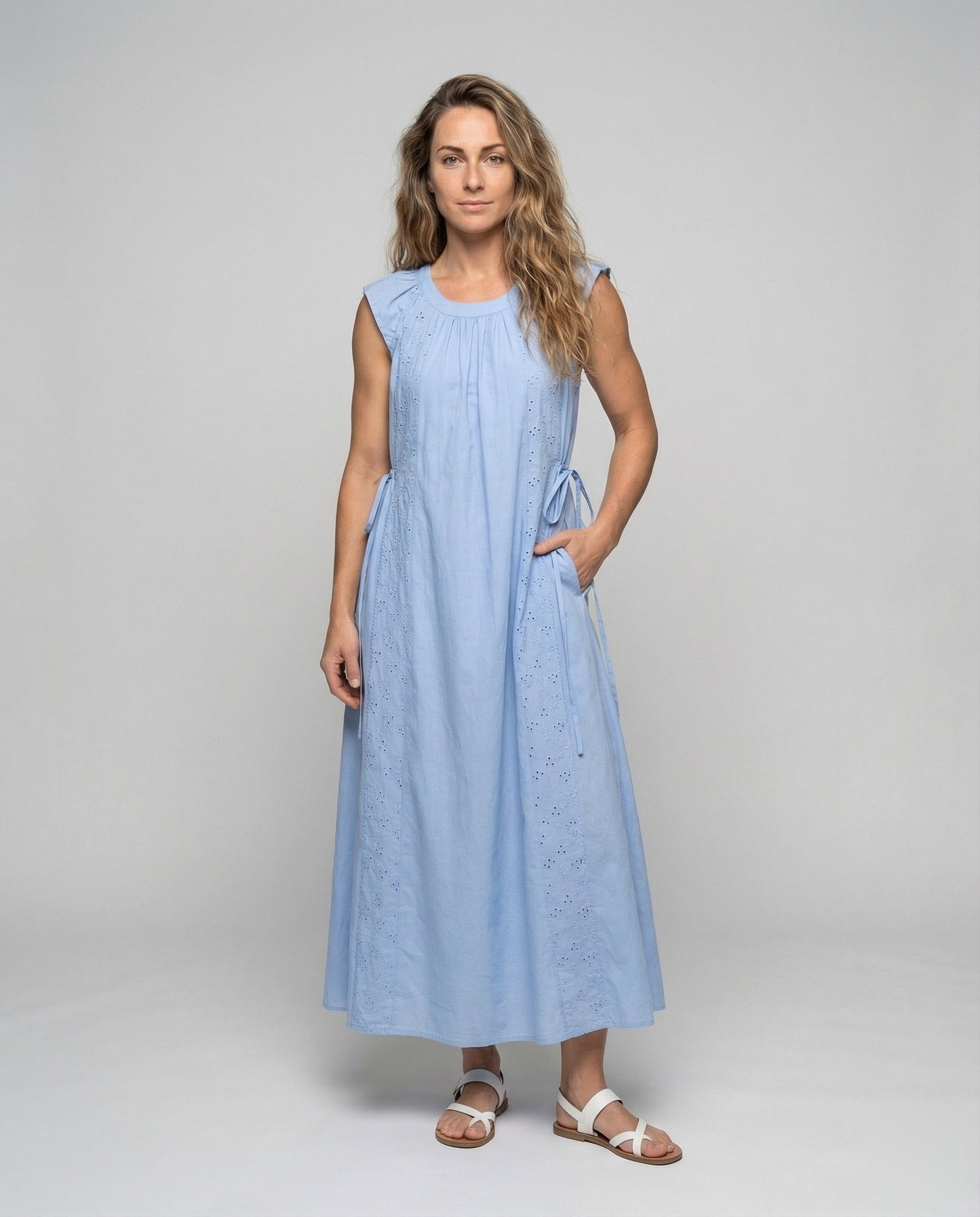Damen Maxikleid Baumwolle Broderie Weiß - Norvielle