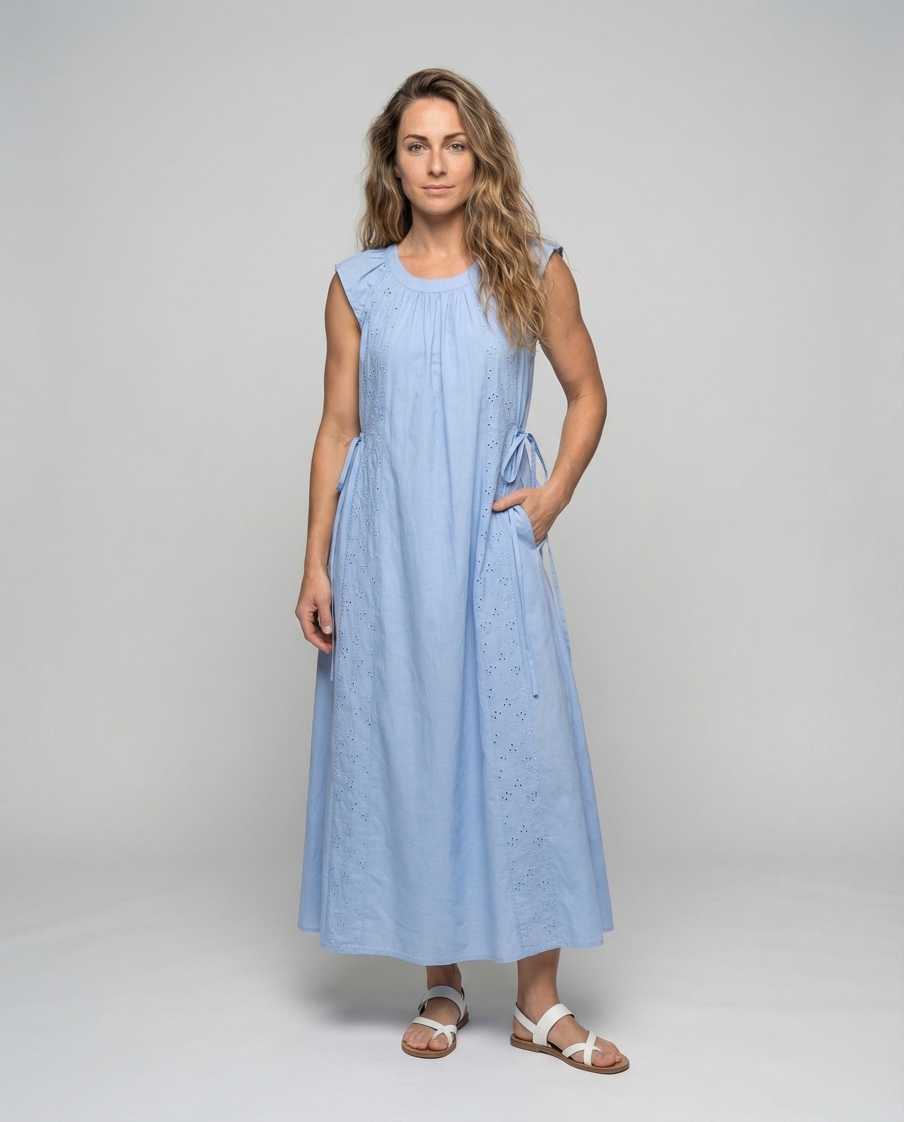 Damen Maxikleid Baumwolle Broderie Weiß - Norvielle