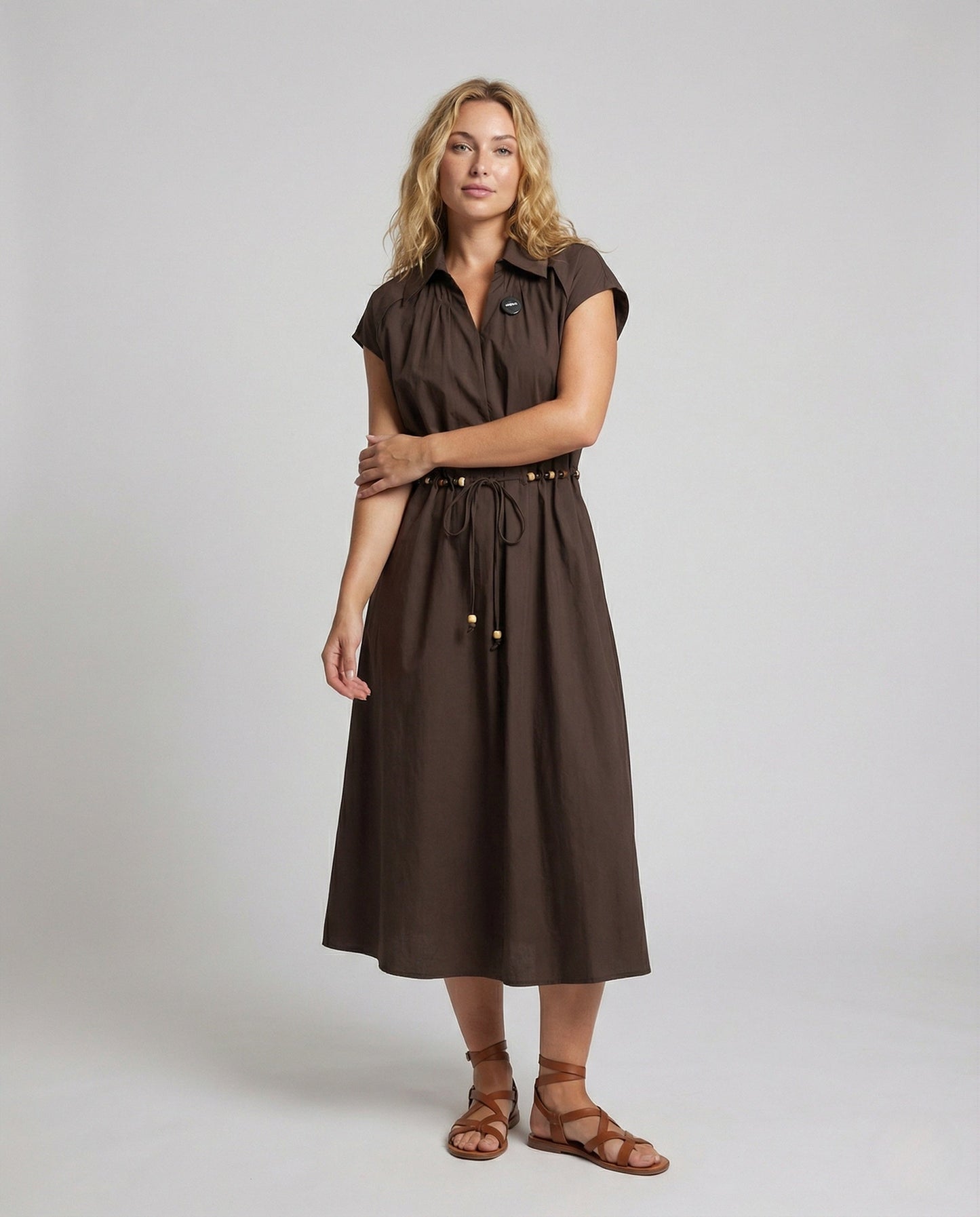 Damen Midikleid Hemdkragen Kordelzug - Norvielle