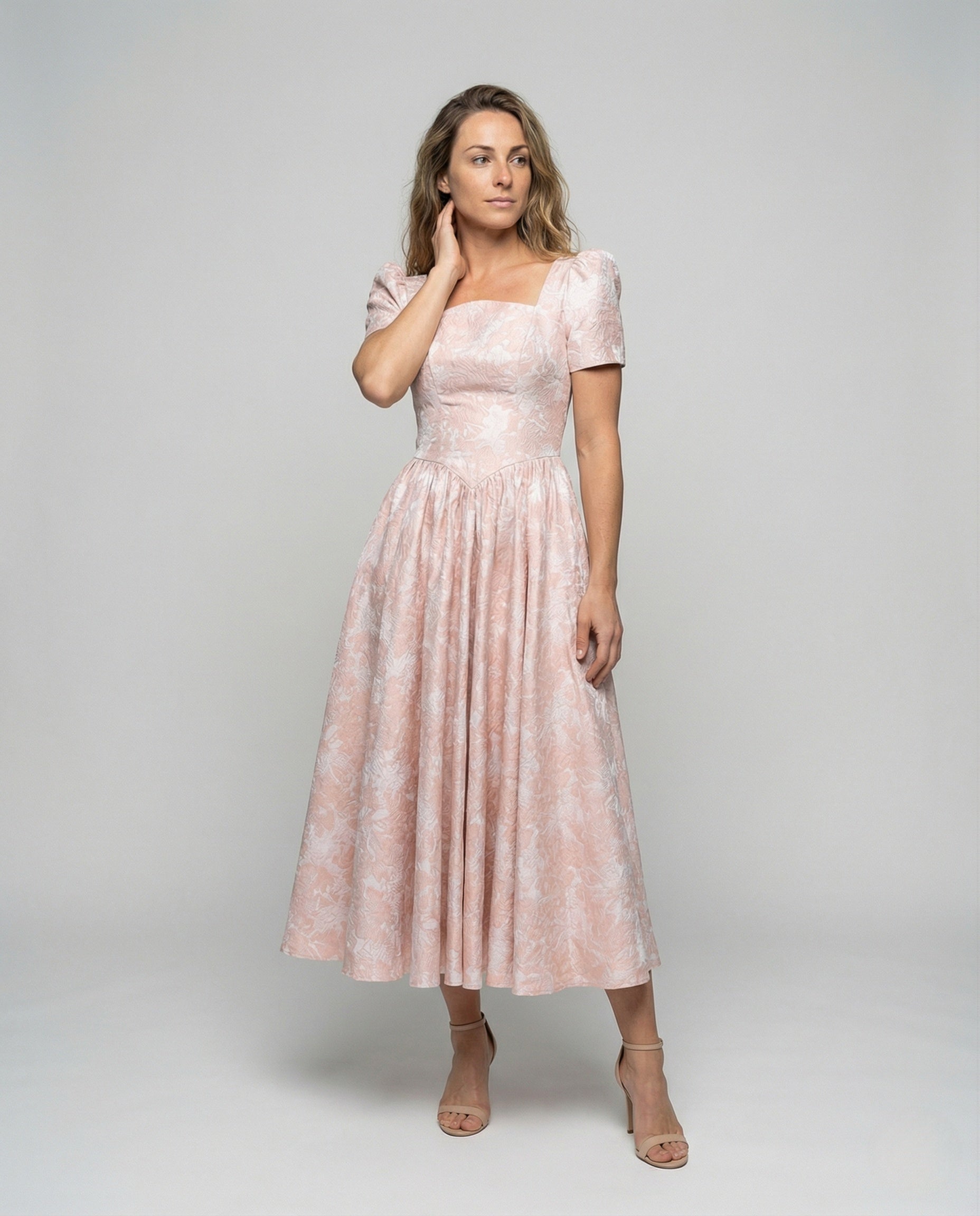 Damen Midikleid Jacquard Puffärmel - Norvielle