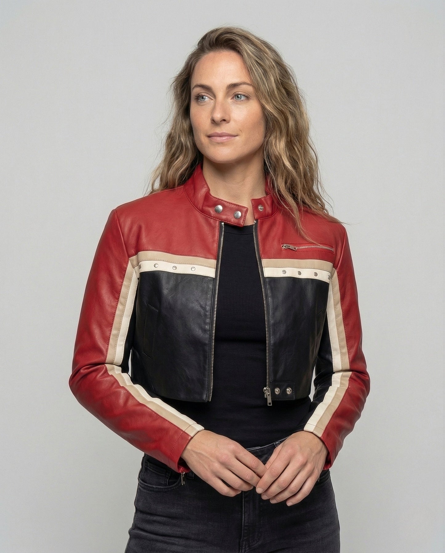 Damen Lederjacke PU Nieten Schwarz - Norvielle