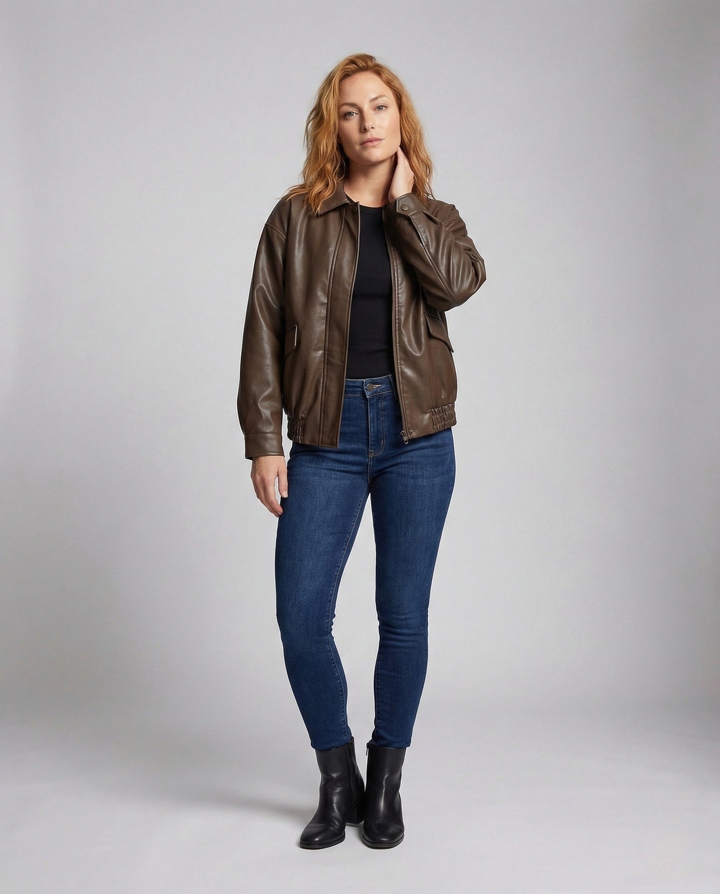 Damen Lederblouson Hemdkragen Lederoptik Schwarz - Norvielle