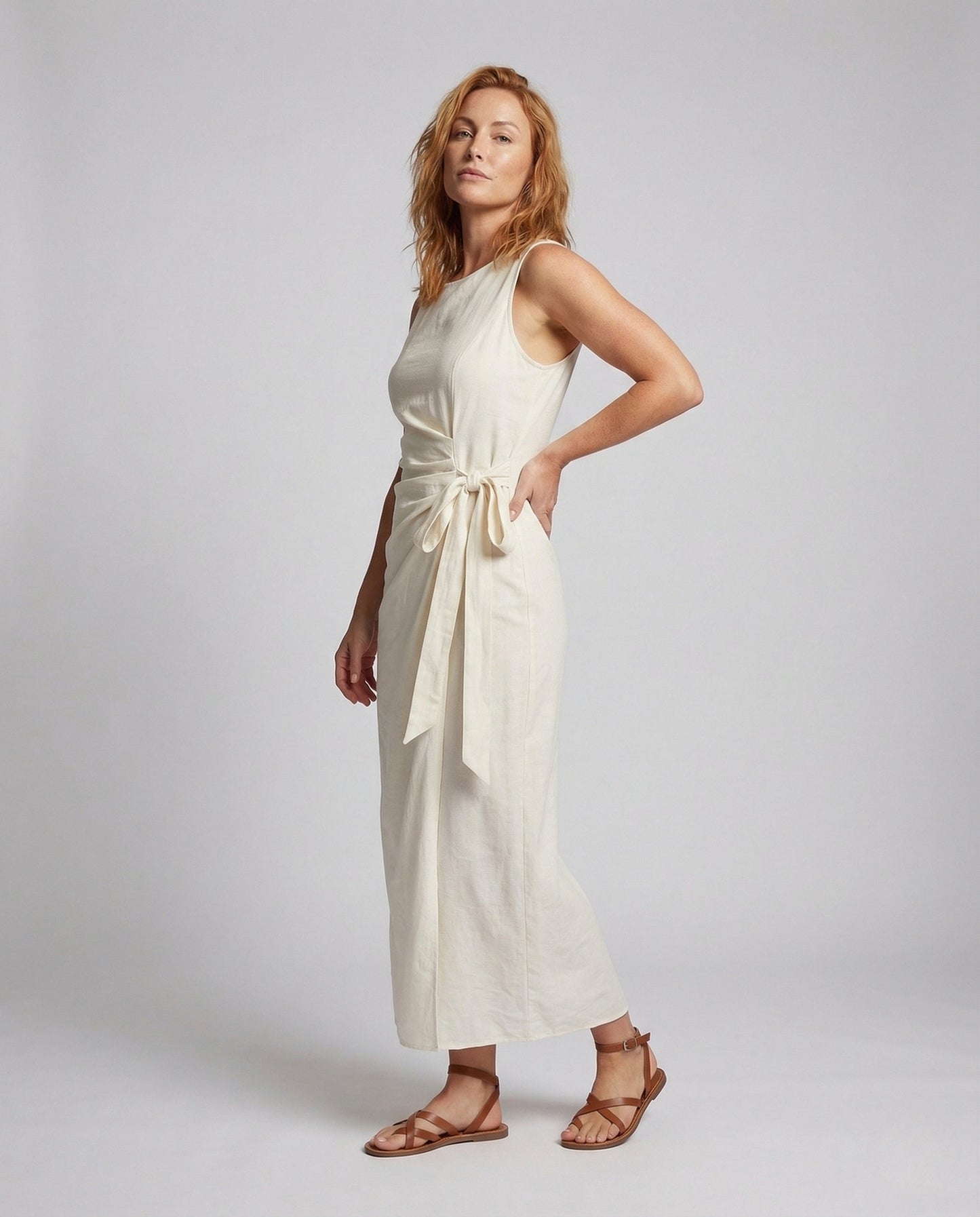 Damen Maxikleid Leinenoptik mit Taillenschleife - Norvielle