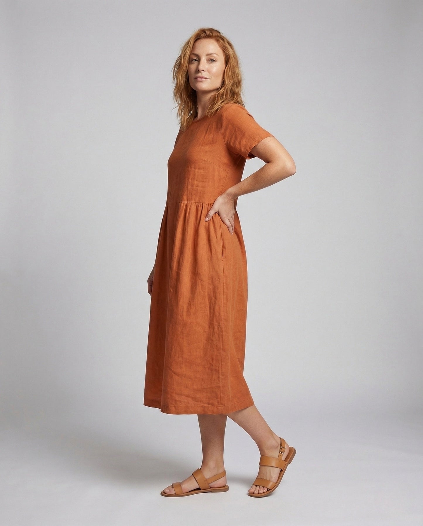 Damen Midikleid aus Leinen und Baumwolle mit Taschen - Norvielle