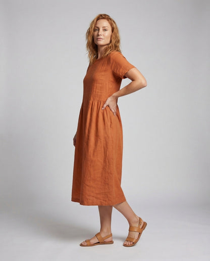 Damen Midikleid aus Leinen und Baumwolle mit Taschen - Norvielle