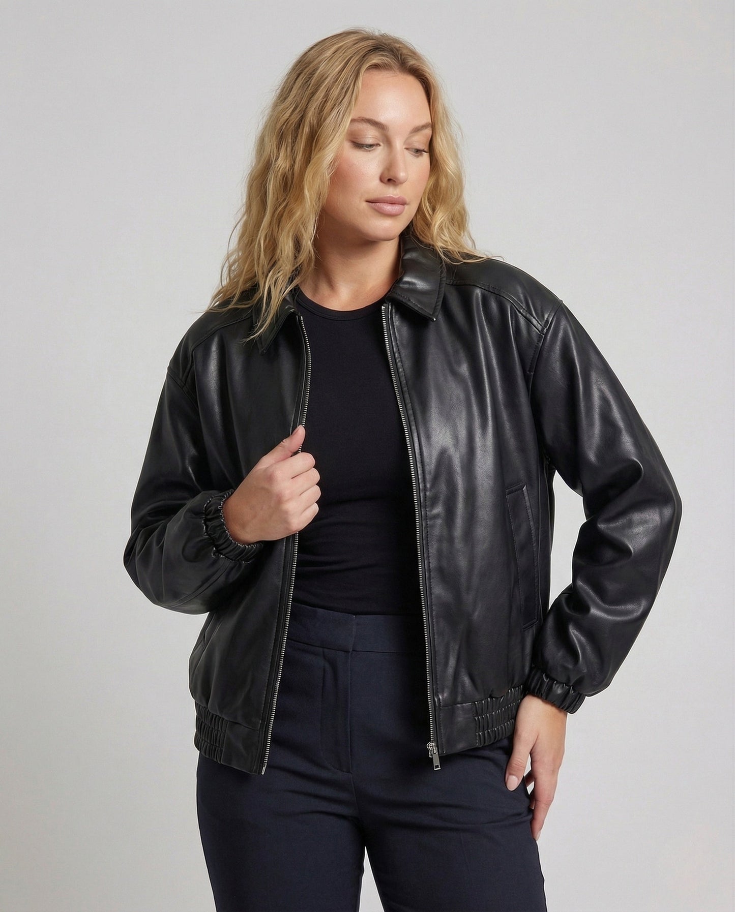 Damen Oversize-Utility-Jacke Kunstleder Schwarz - Norvielle