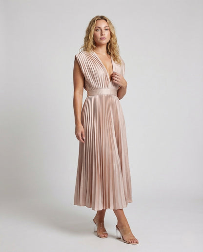 Damen Midikleid Plissee V-Ausschnitt - Norvielle
