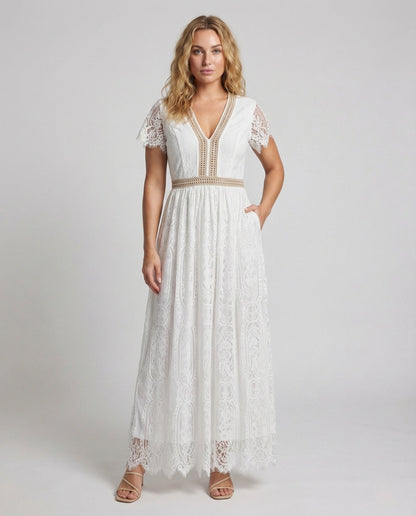 Damen Maxikleid Spitze Flügelärmel - Norvielle