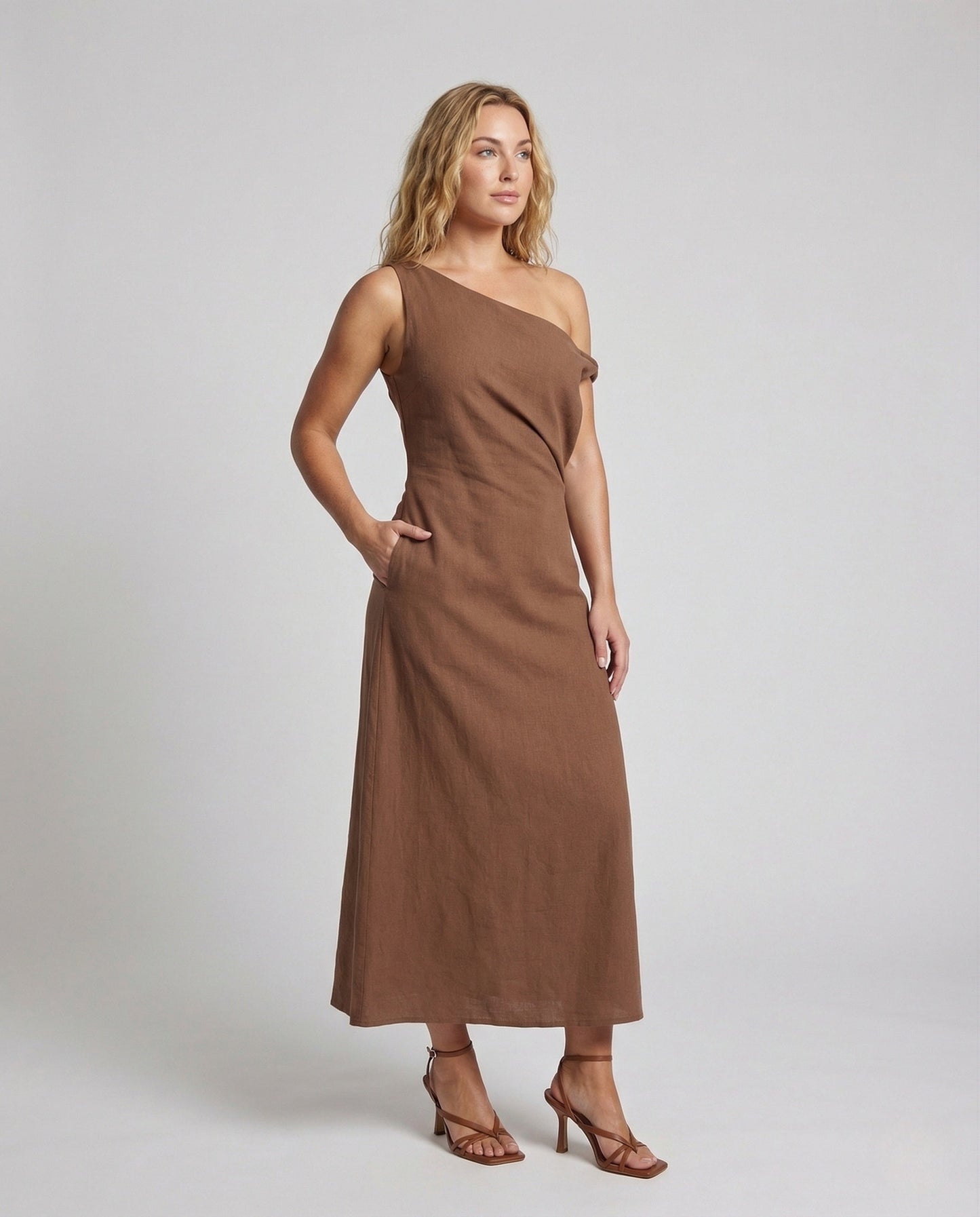 Damen Maxikleid Leinenoptik Schulterfrei Sommerkleid - Norvielle