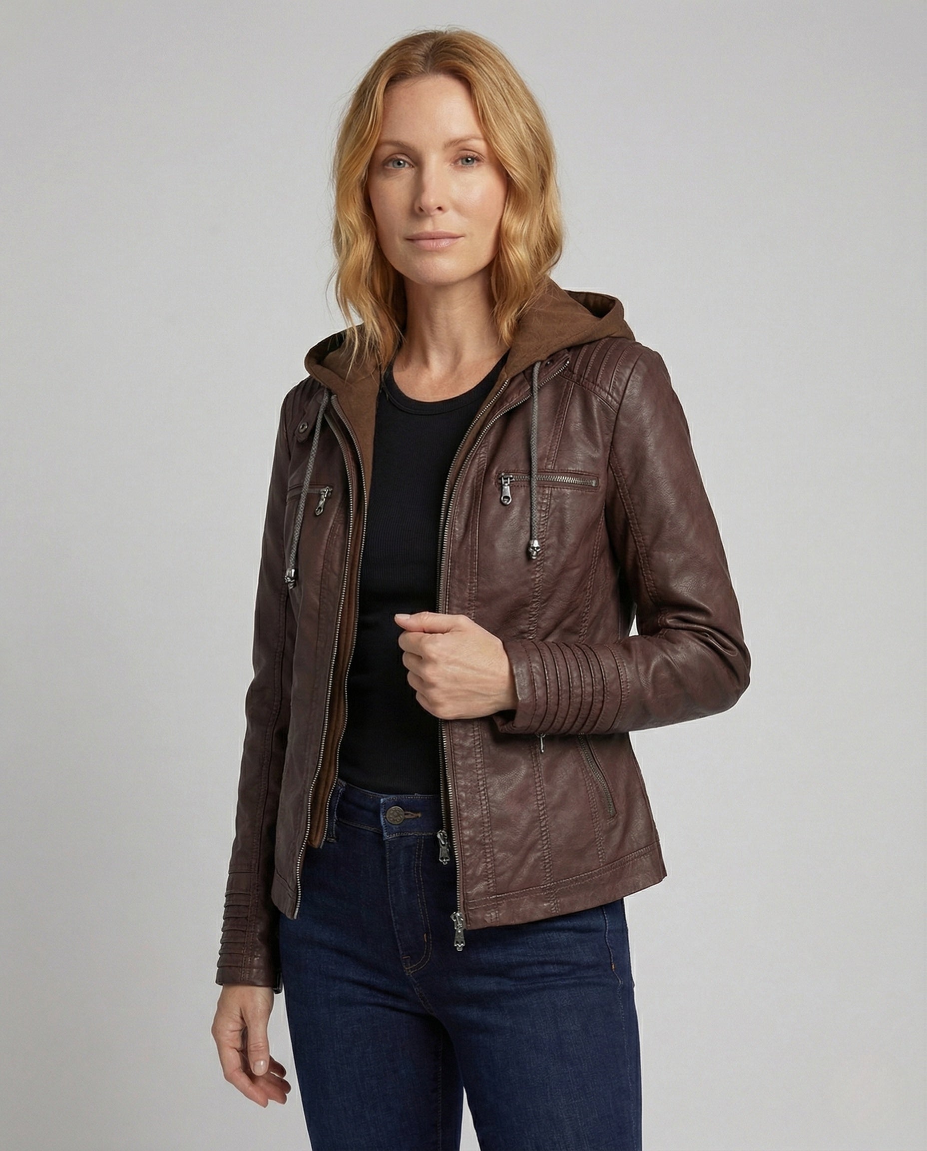 Damen Kunstlederjacke Kapuze Schwarz - Norvielle