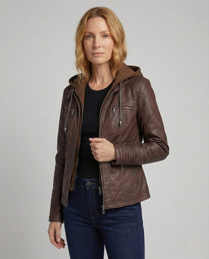 Damen Kunstlederjacke Kapuze Schwarz - Norvielle