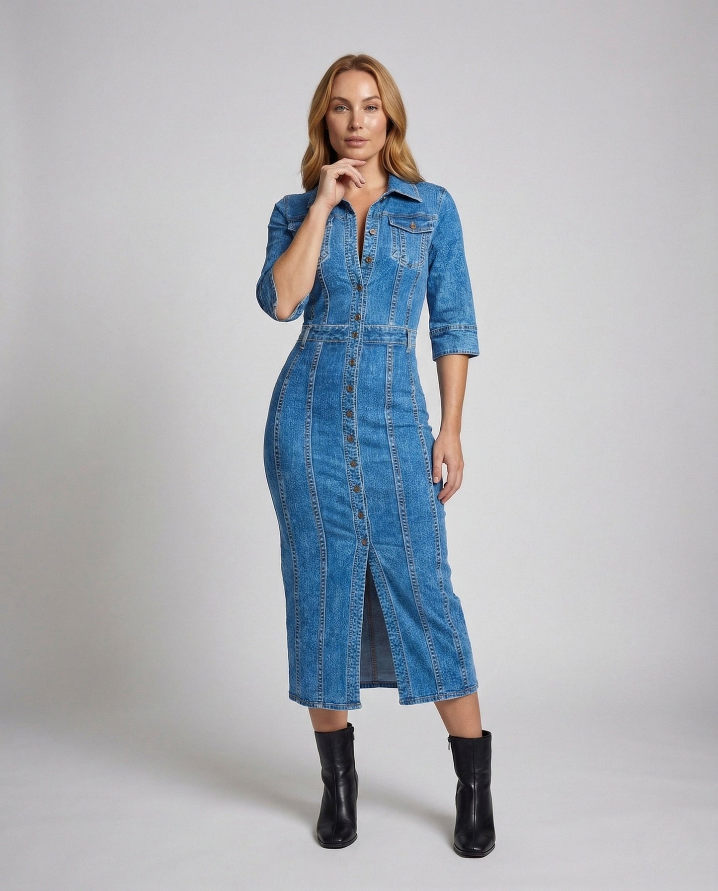 Damen Midikleid Jeans mit Knöpfen - Norvielle
