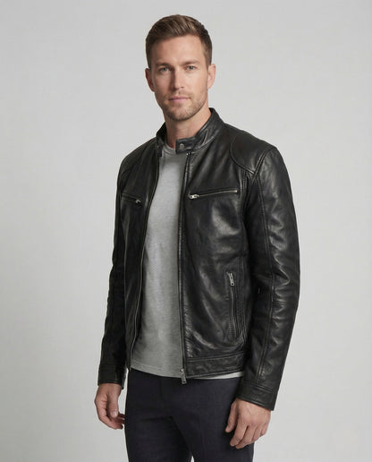 Herren Lederjacke Racer-Style Leder Schwarz - Norvielle