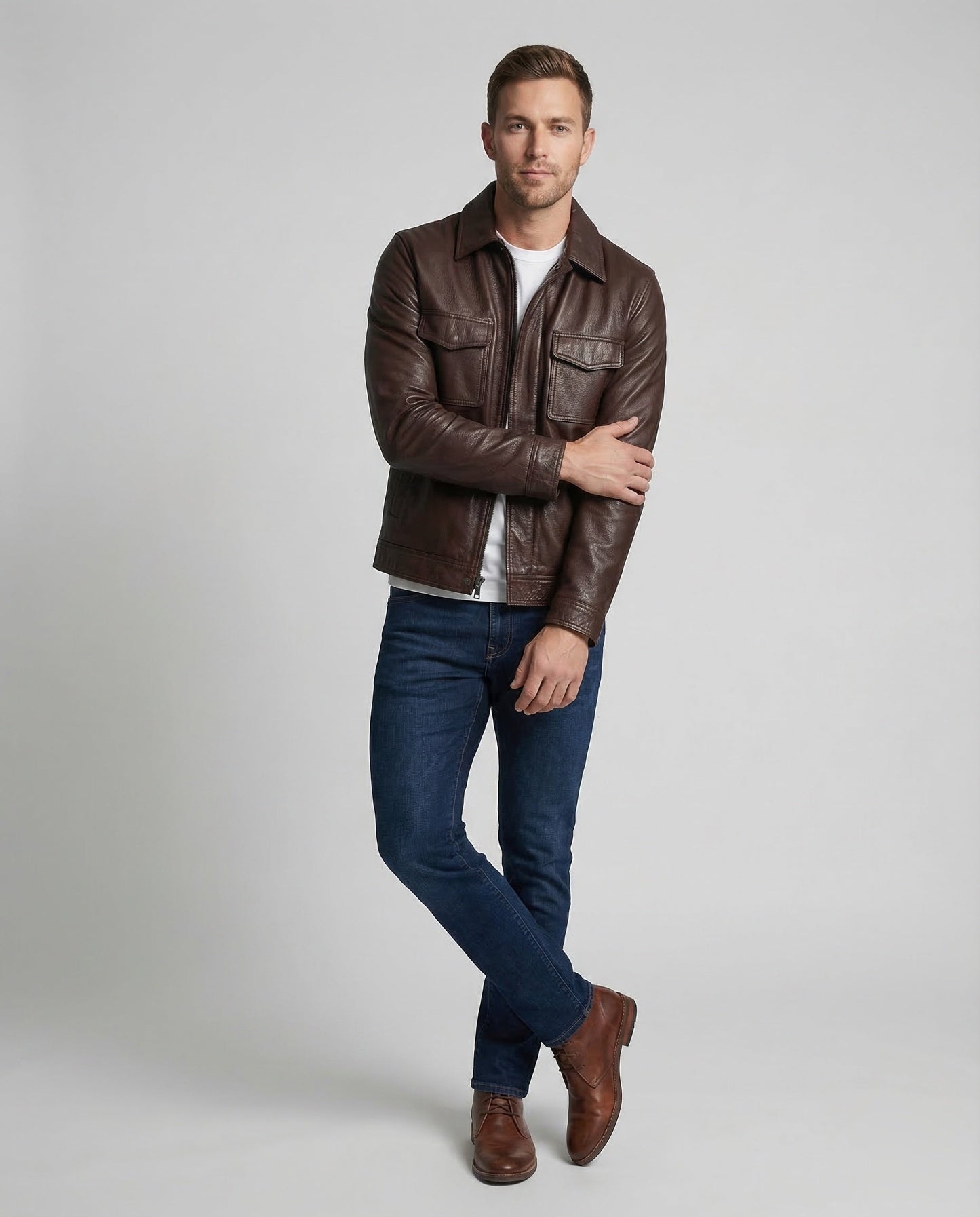 Herren Lederjacke Hemdkragen Lederschutzjacke Schwarz - Norvielle