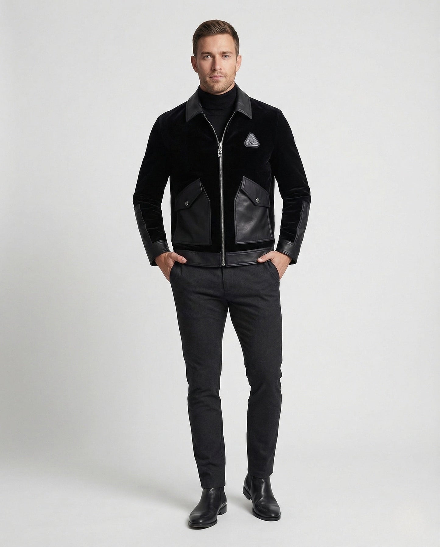 Herren Samtjacke Lederbesatz Braun - Norvielle