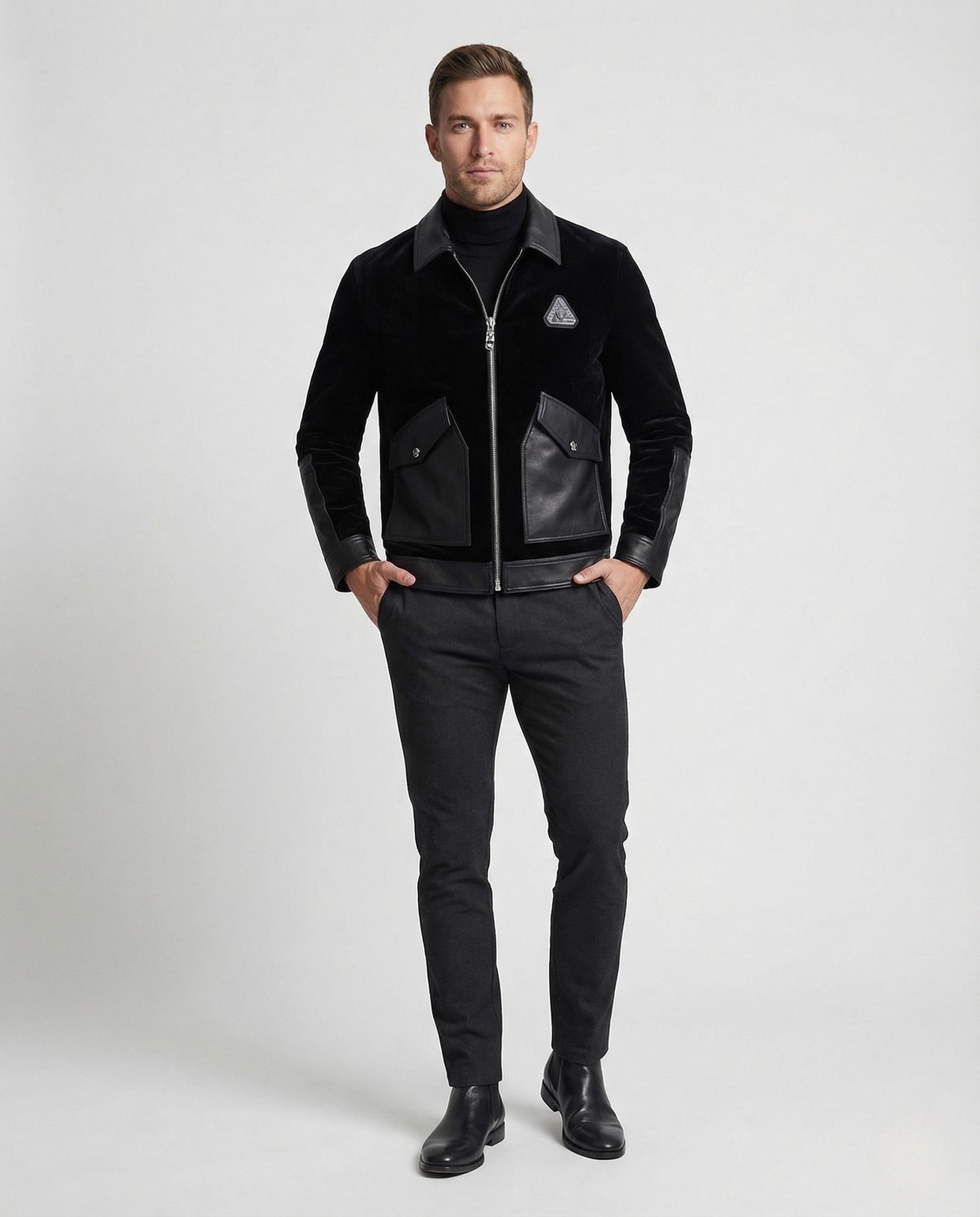 Herren Samtjacke Lederbesatz Braun - Norvielle