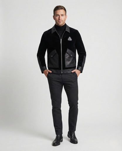 Herren Samtjacke Lederbesatz Braun - Norvielle