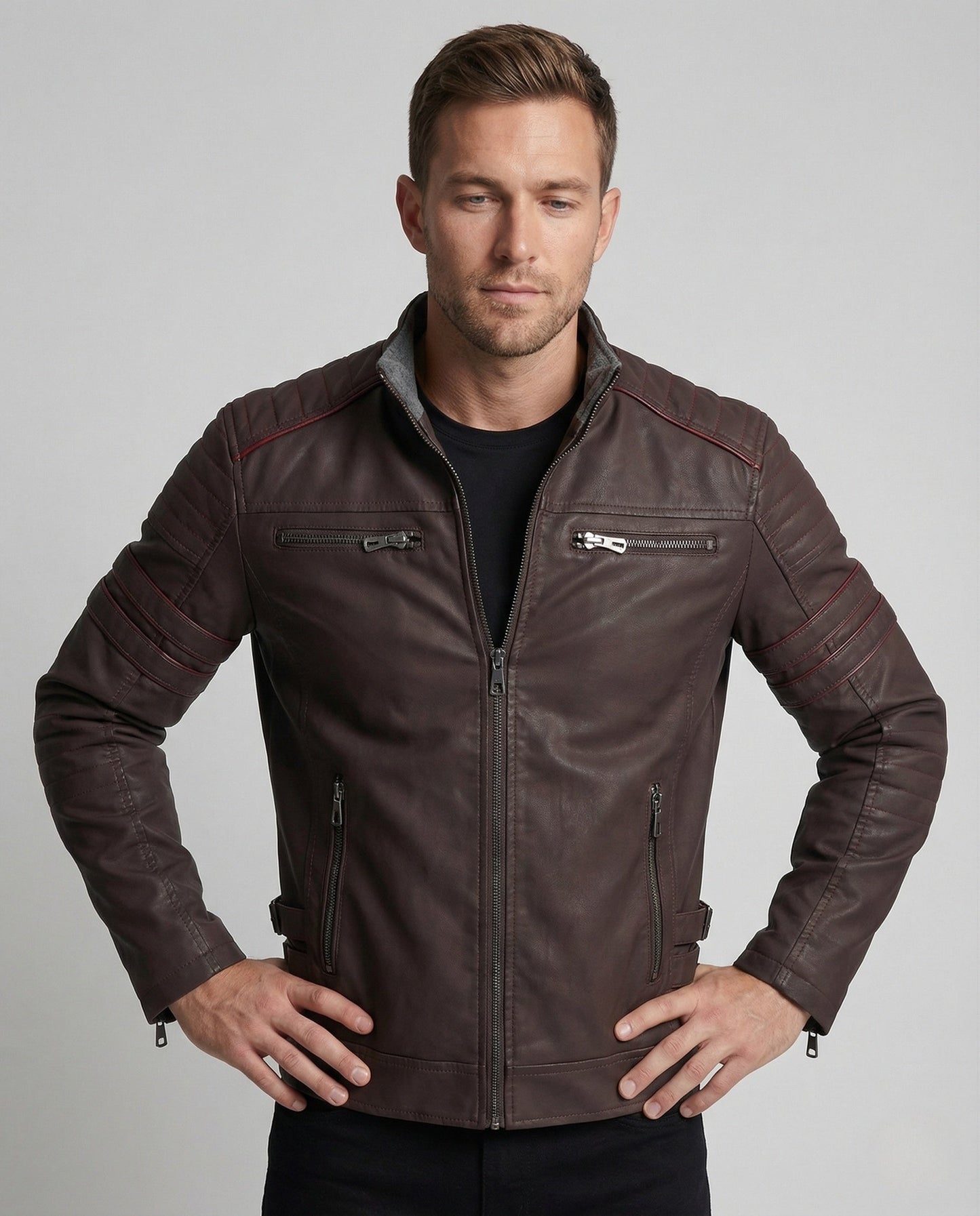 Herren Lederblouson Motorsport Schwarz Ledermantel - Norvielle