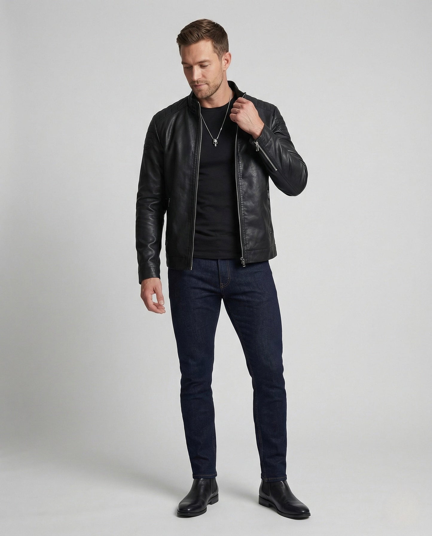 Herren Übergangsjacke Lederoptik Lederlook Schwarz - Norvielle