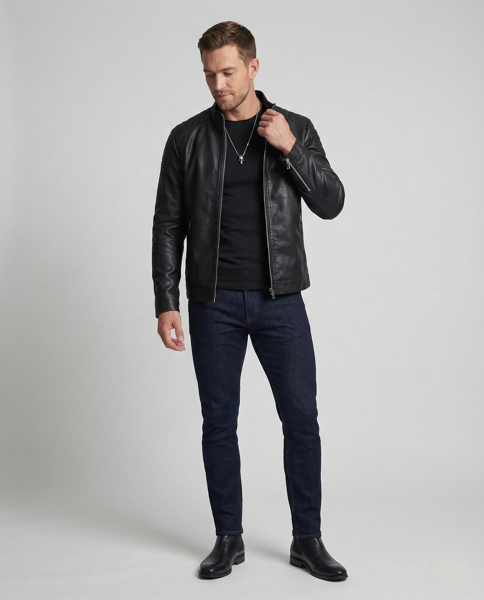 Herren Übergangsjacke Lederoptik Lederlook Schwarz - Norvielle