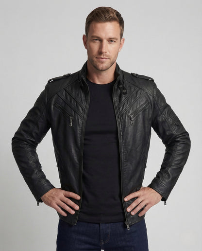 Herren Motorradjacke Kunstleder Schwarz - Norvielle