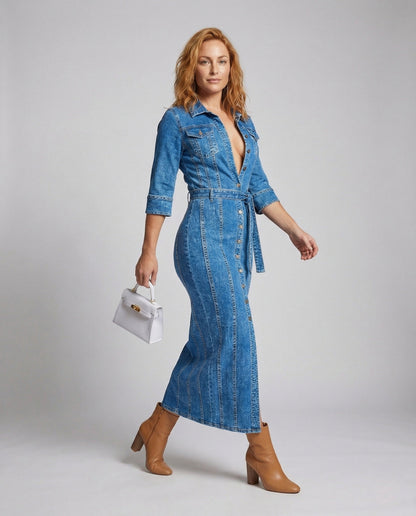 Damen Midikleid Jeansoptik Knopfleiste Blau - Norvielle