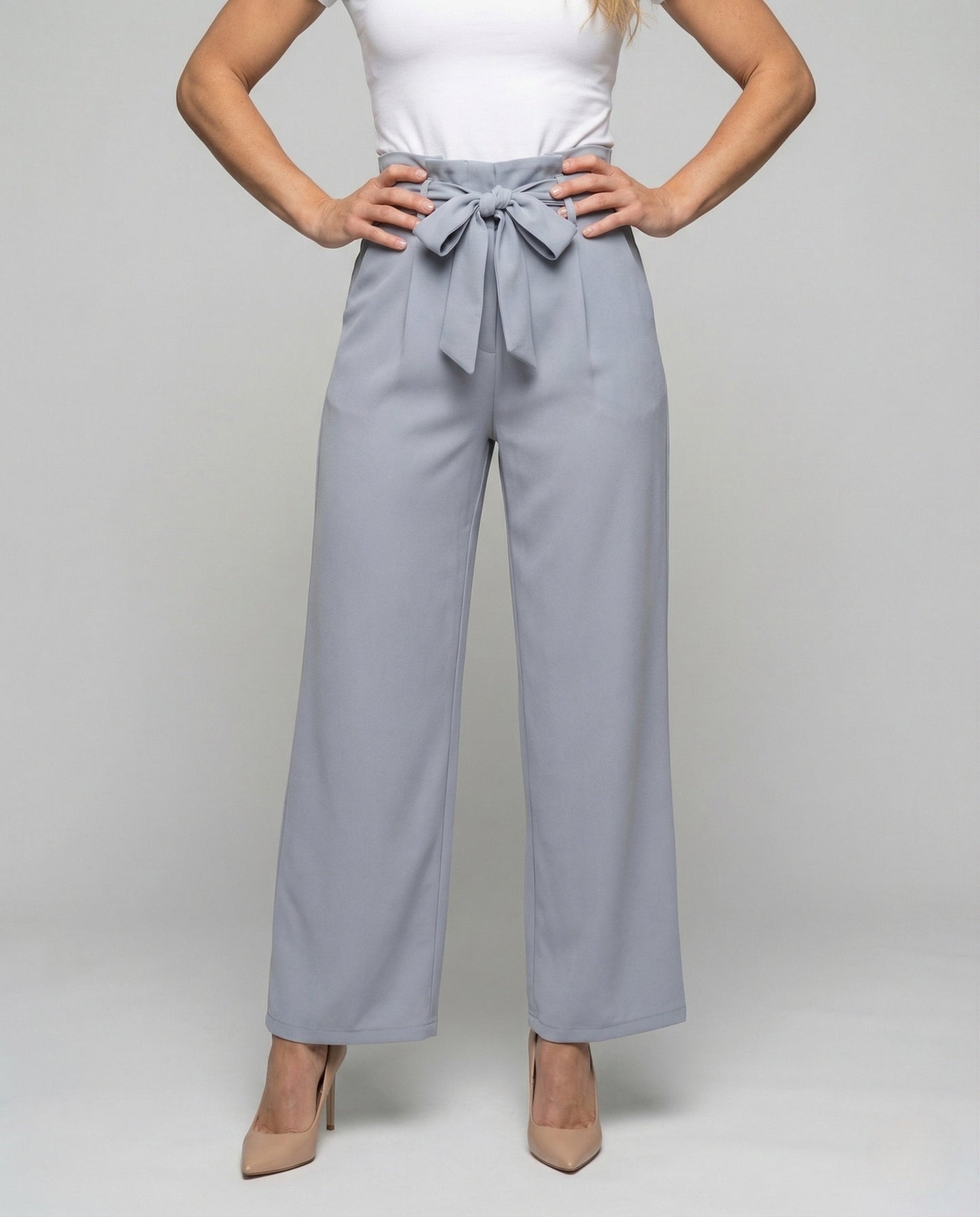 Damen Palazzo Hose aus Baumwolle mit Paperbag Taille Beige - Norvielle