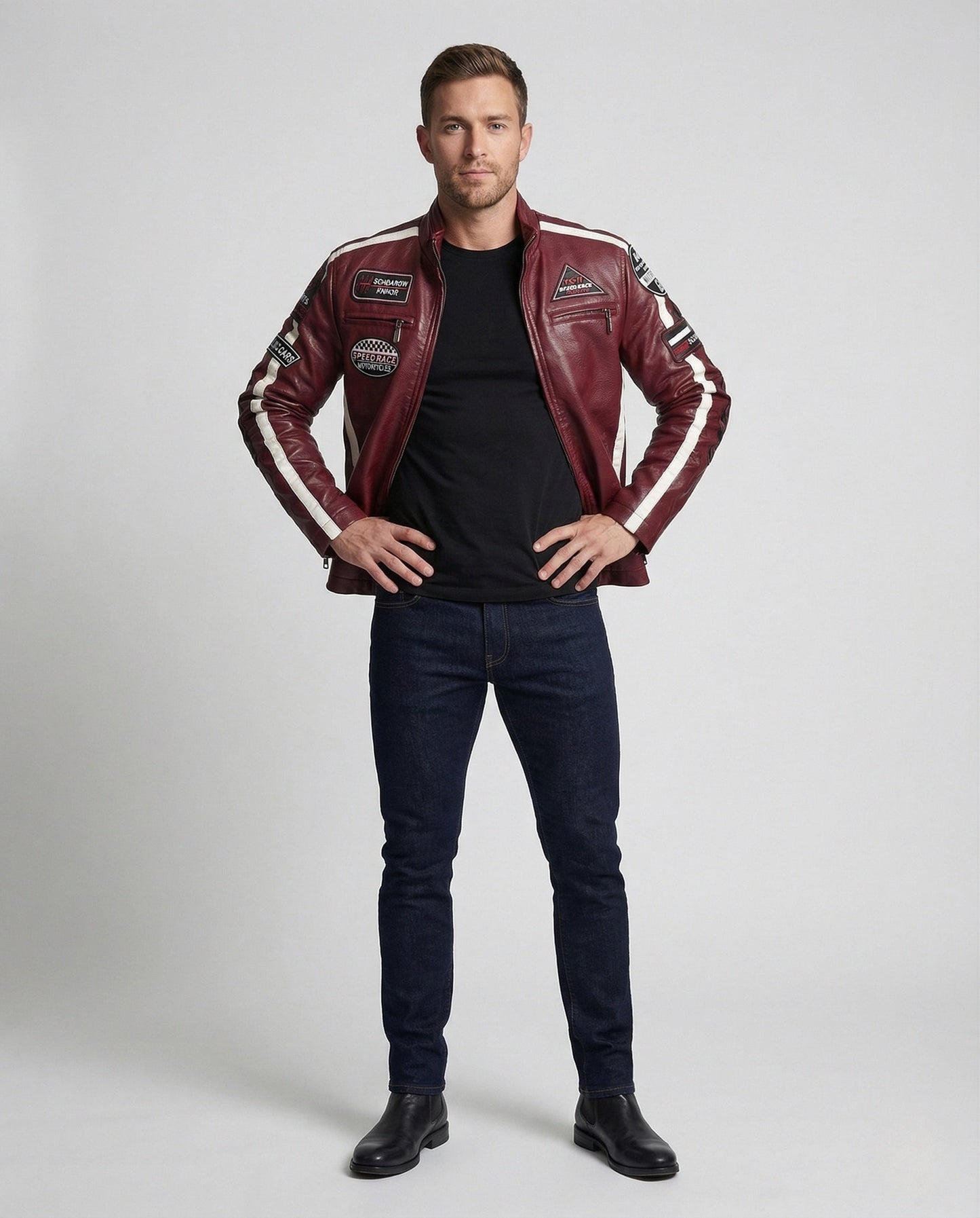 Herren Motorradblouson Leder mit Logo Aufnähern Schwarz - Norvielle