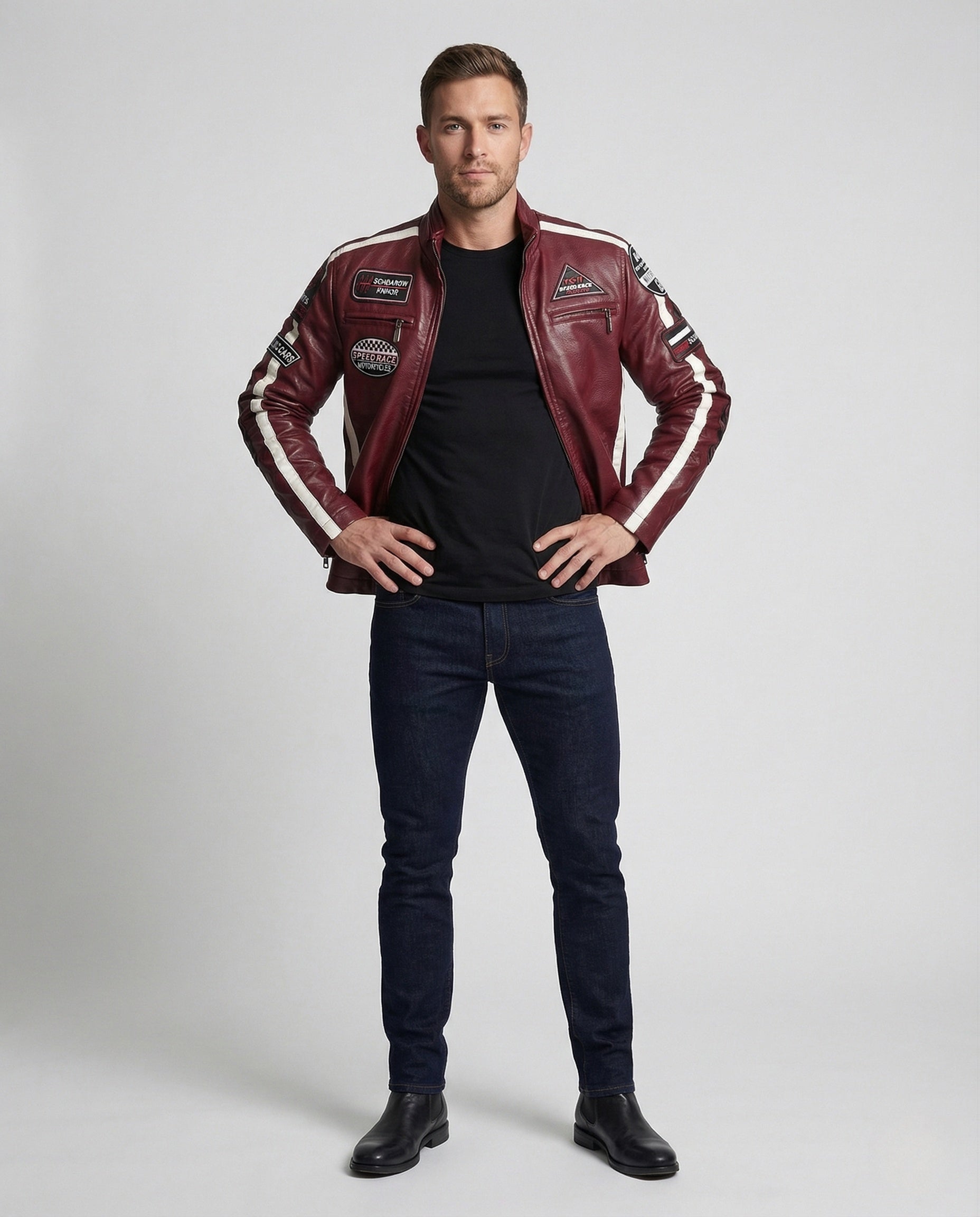 Herren Motorradblouson Leder mit Logo Aufnähern Schwarz - Norvielle