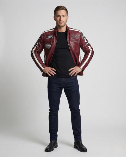 Herren Motorradblouson Leder mit Logo Aufnähern Schwarz - Norvielle
