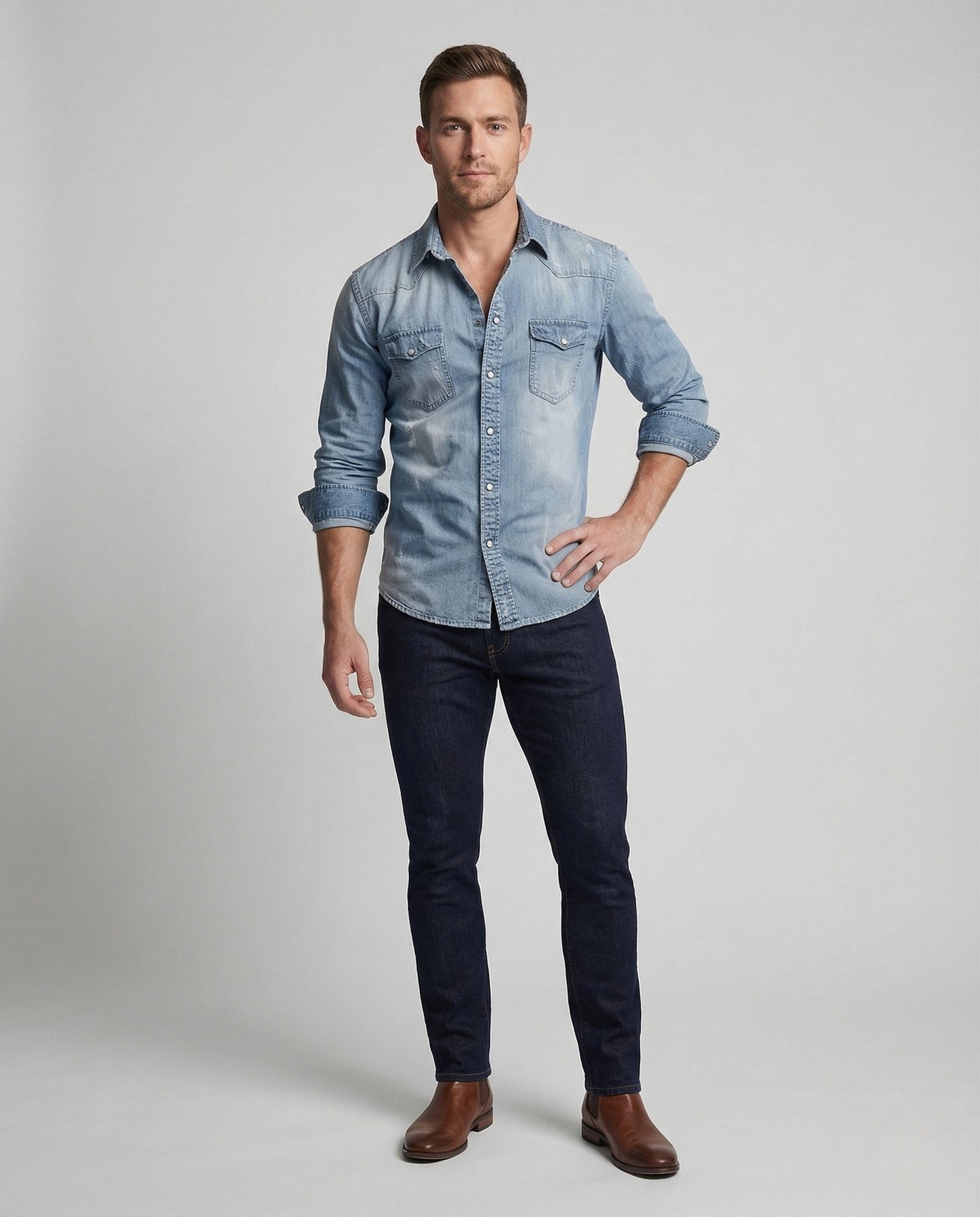 Herren Stretch Westernhemd Denim mit Kontrastnähten - Norvielle