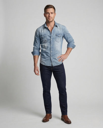 Herren Stretch Westernhemd Denim mit Kontrastnähten - Norvielle