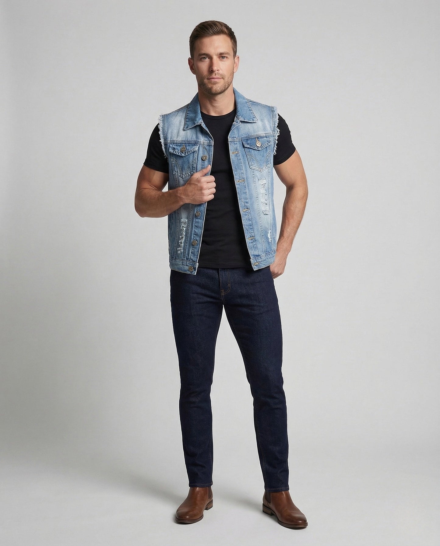 Herren Jeansweste Ärmellos Used Look Denim - Norvielle