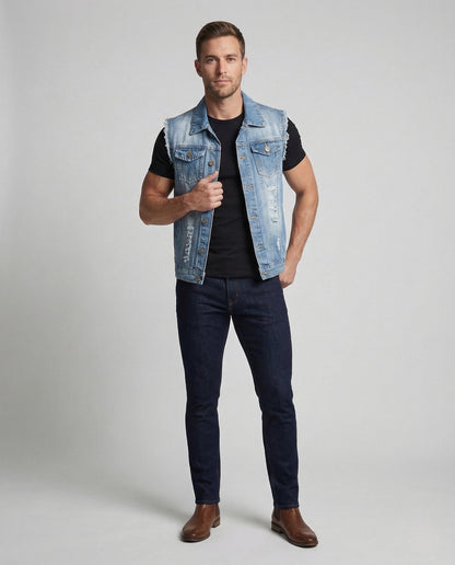 Herren Jeansweste Ärmellos Used Look Denim - Norvielle