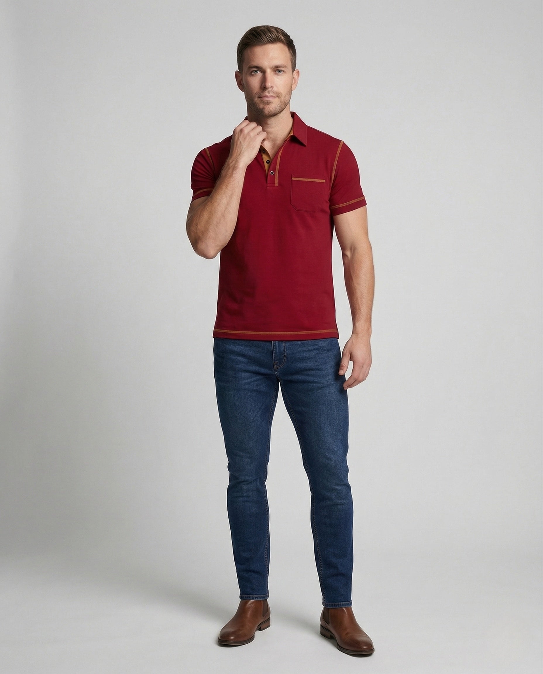 Herren Poloshirt Brusttasche Kontrastnähte Baumwolle Weiß - Norvielle