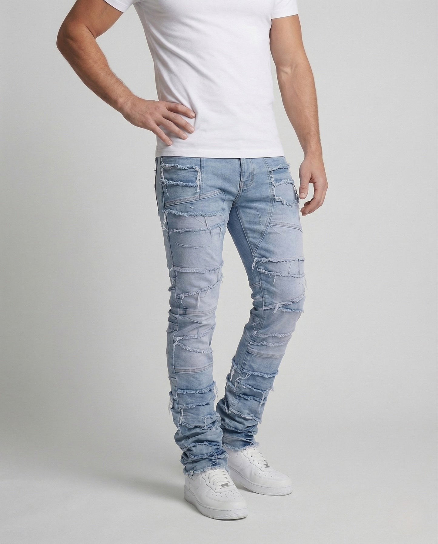 Herren Jeans Patchwork Fransen Slim Fit Schwarz - Norvielle