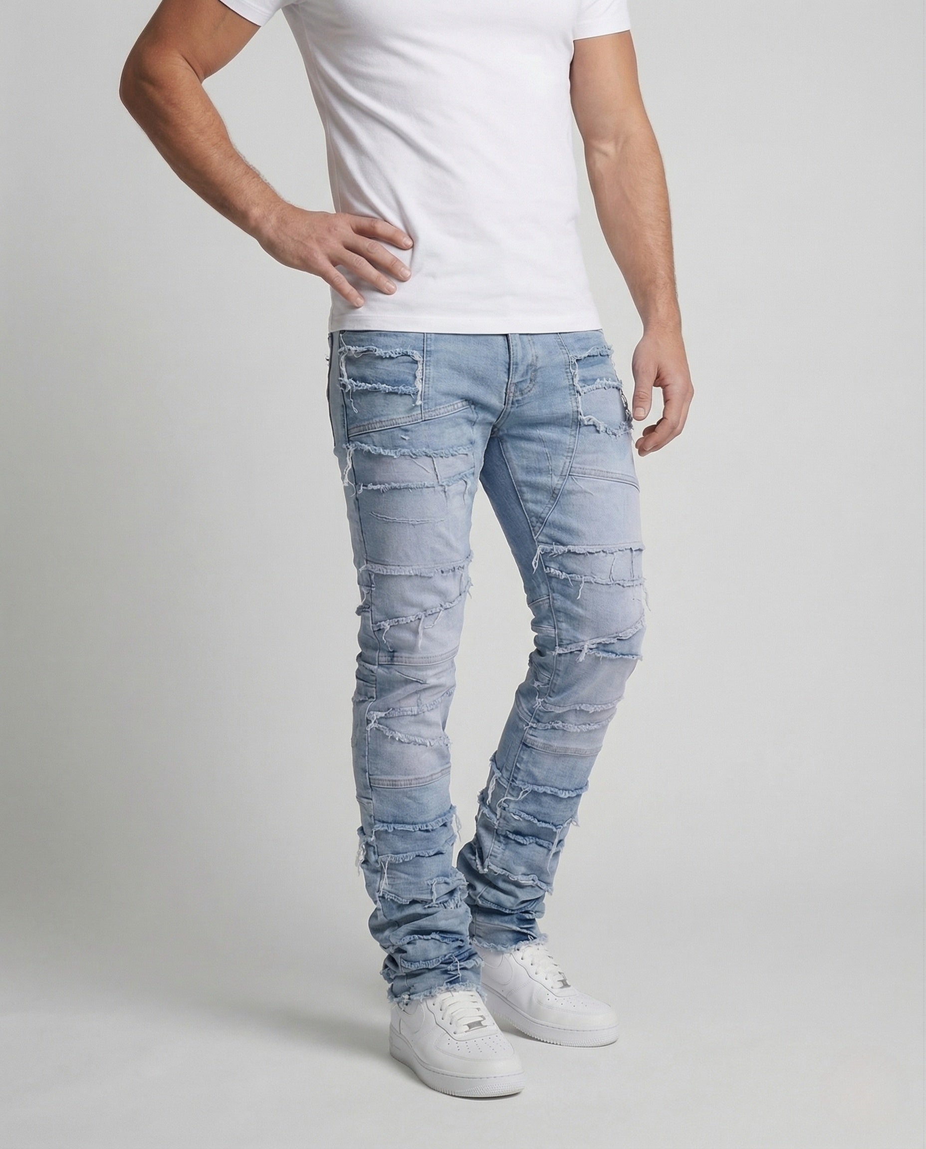 Herren Jeans Patchwork Fransen Slim Fit Schwarz - Norvielle