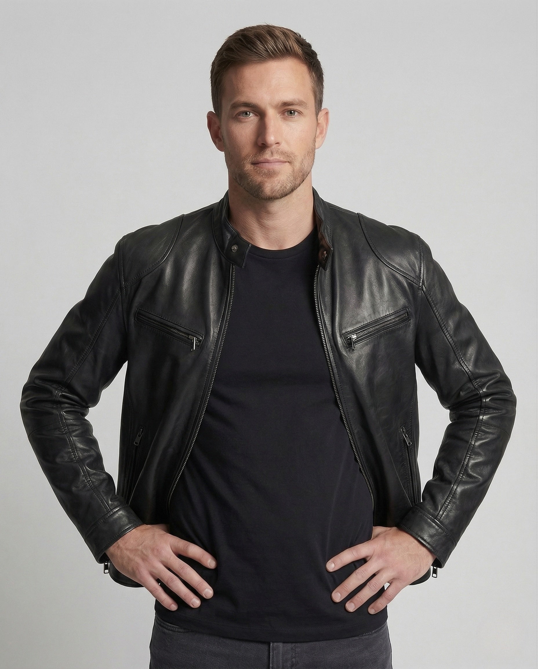 Herren Lederjacke Biker-Style Stehkragen Reißverschluss Schwarz - Norvielle