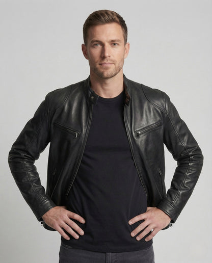 Herren Lederjacke Biker-Style Stehkragen Reißverschluss Schwarz - Norvielle