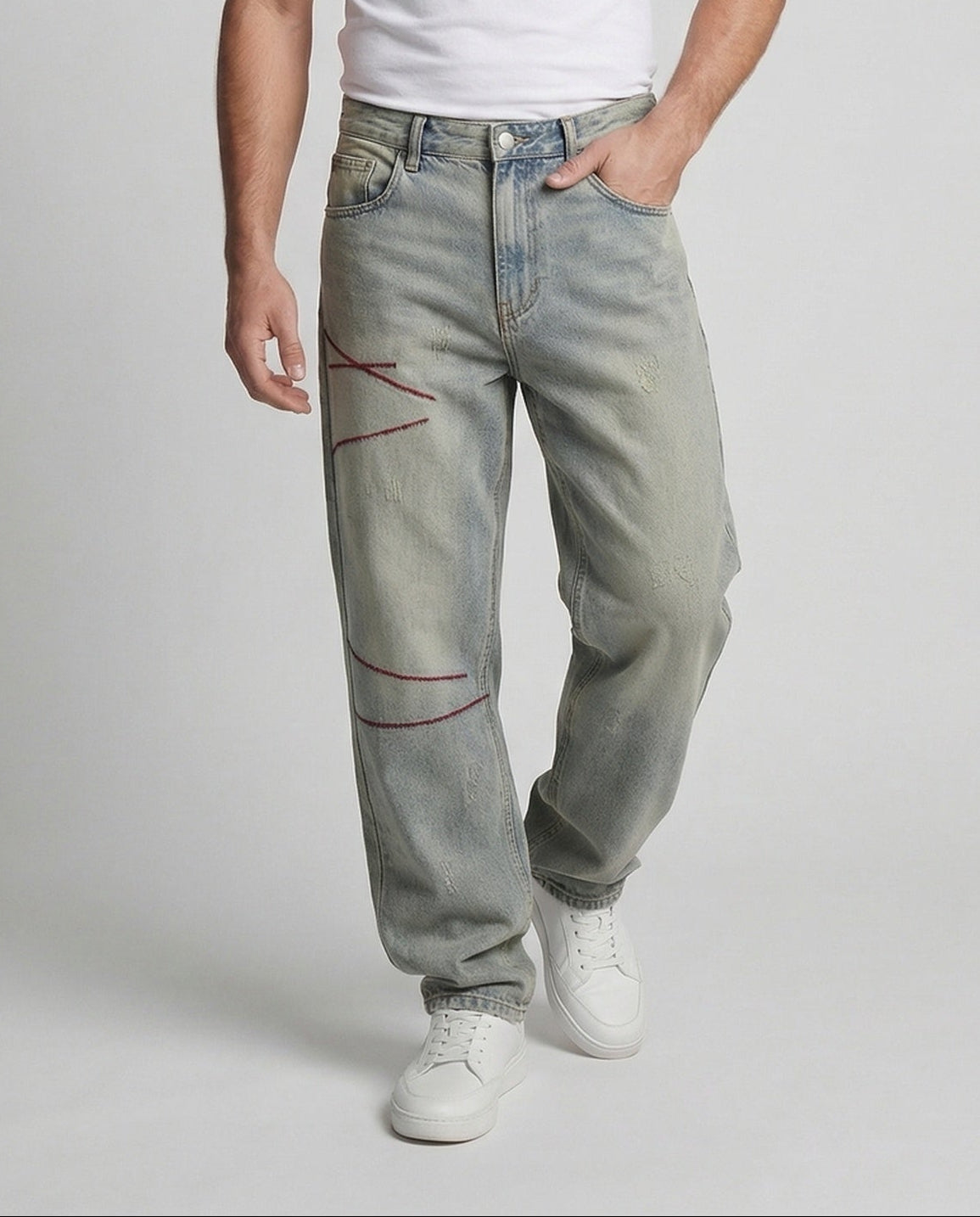 Herren Baggy Jeans Used Optik Ziernähte Blau - Norvielle