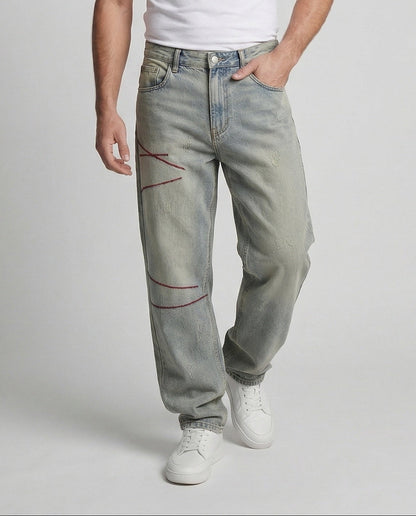 Herren Baggy Jeans Used Optik Ziernähte Blau - Norvielle