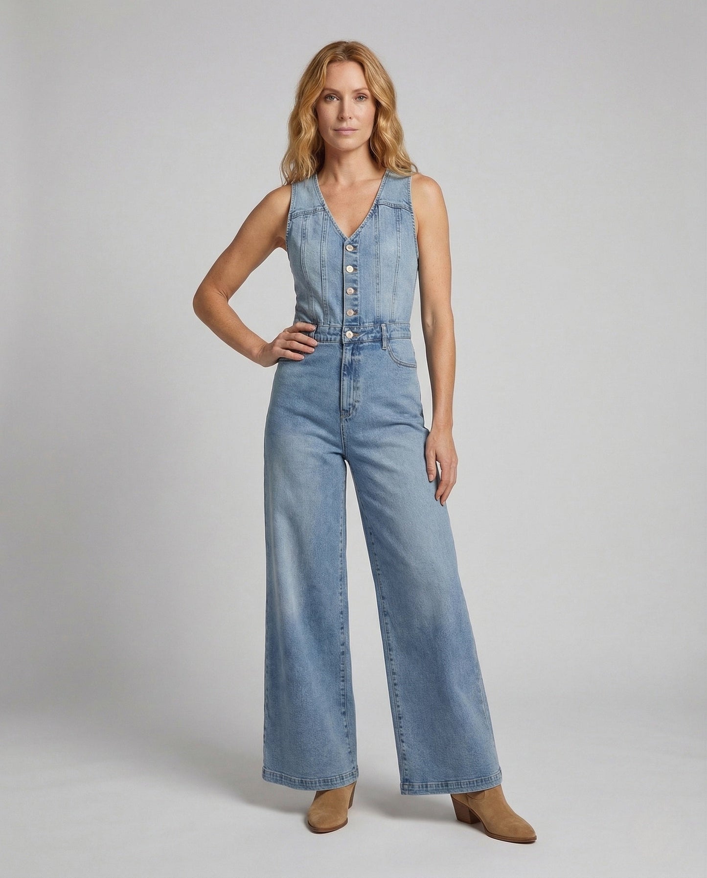 Damen Denim-Overall Weit V-Ausschnitt Blau - Norvielle