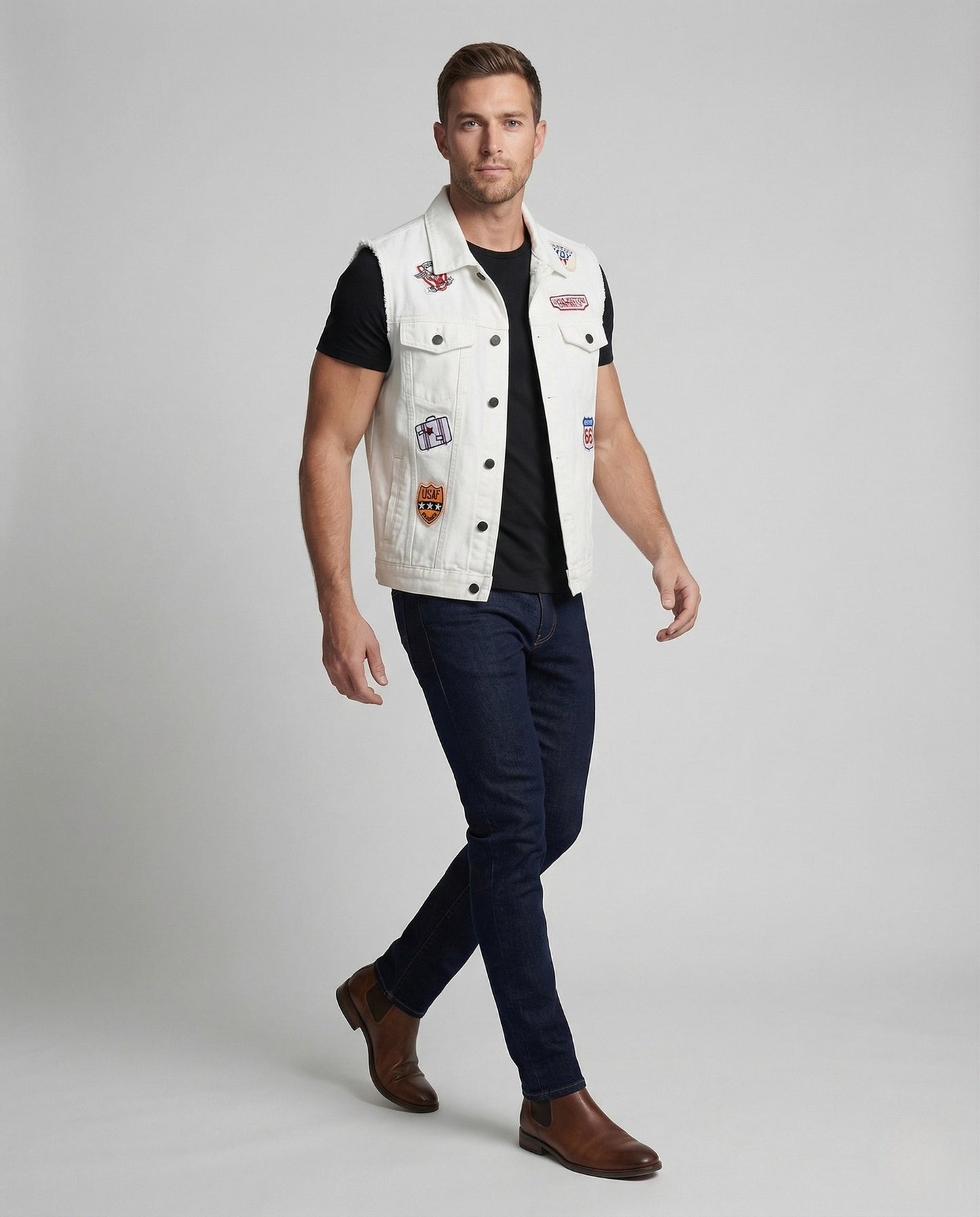 Unisex Jeansweste Baumwolle Retro Patches Blau - Norvielle