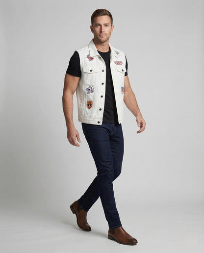 Unisex Jeansweste Baumwolle Retro Patches Blau - Norvielle