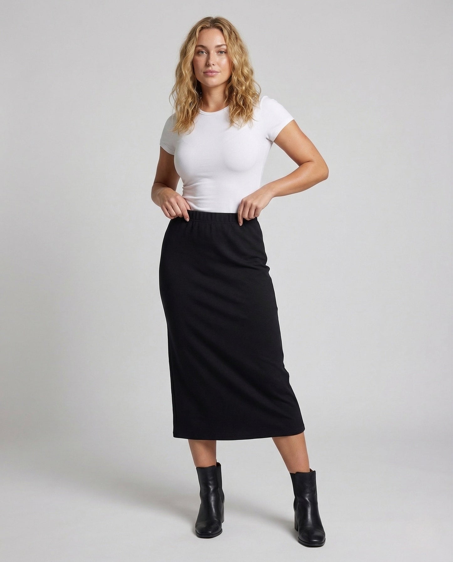 Damen Midirock Gerade Mit Vorderer Schlitz Elastisch Schwarz - Norvielle