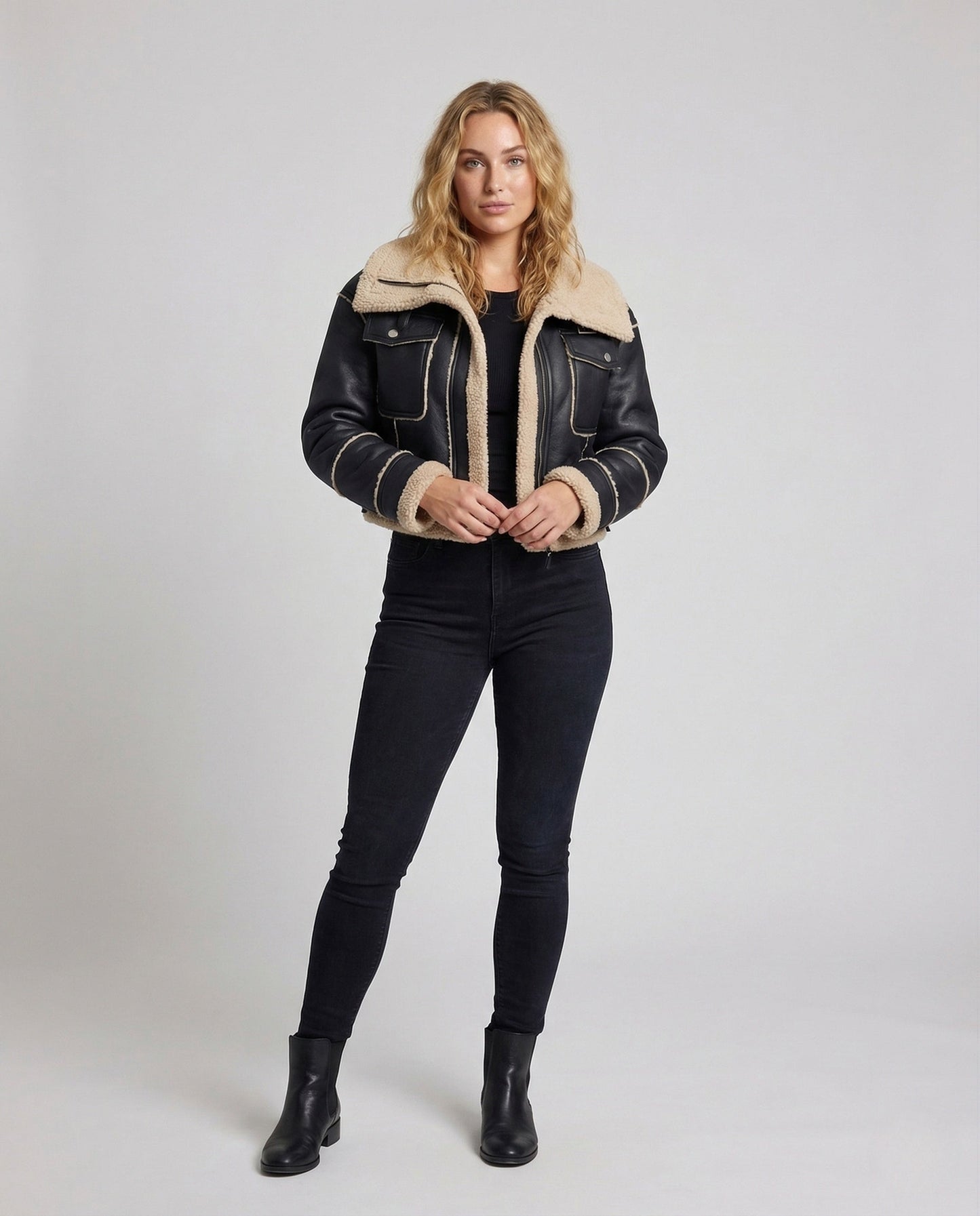 Damen Teddyjacke Kurz Lammfell Optik Kordelzug - Norvielle